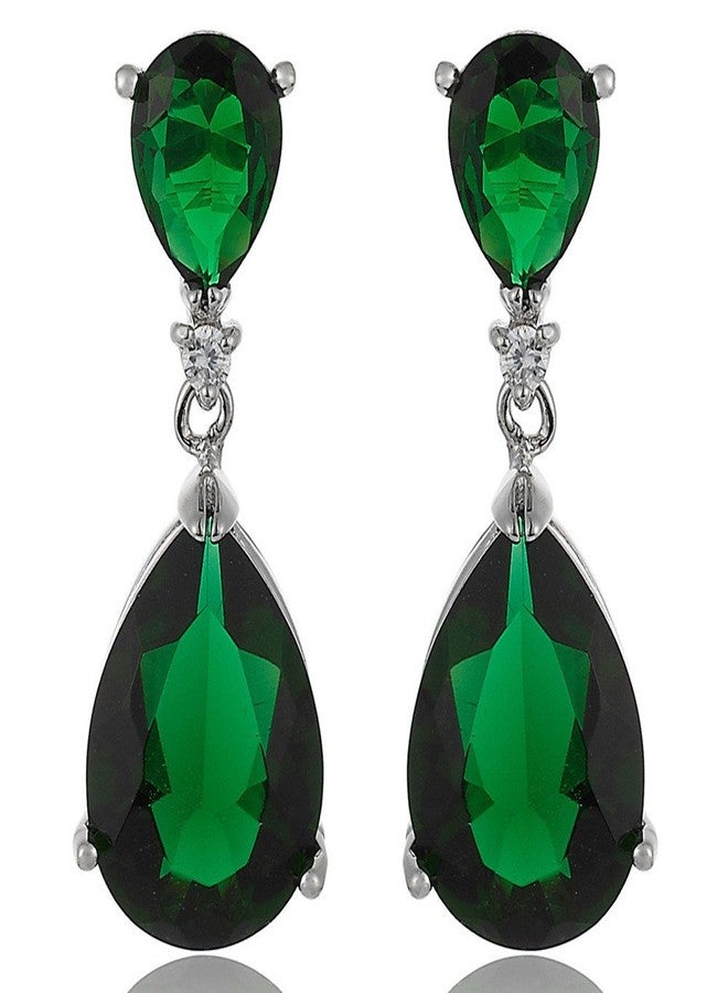 RIZILIA [ CELEBOX] Teardrop Dangle Pierced Earrings with Pear Cut CZ [Simulated Green Emerald&Blue Sapphire] in White Gold Plated, Celebrity inspired by Angelina Jolie - Image 1