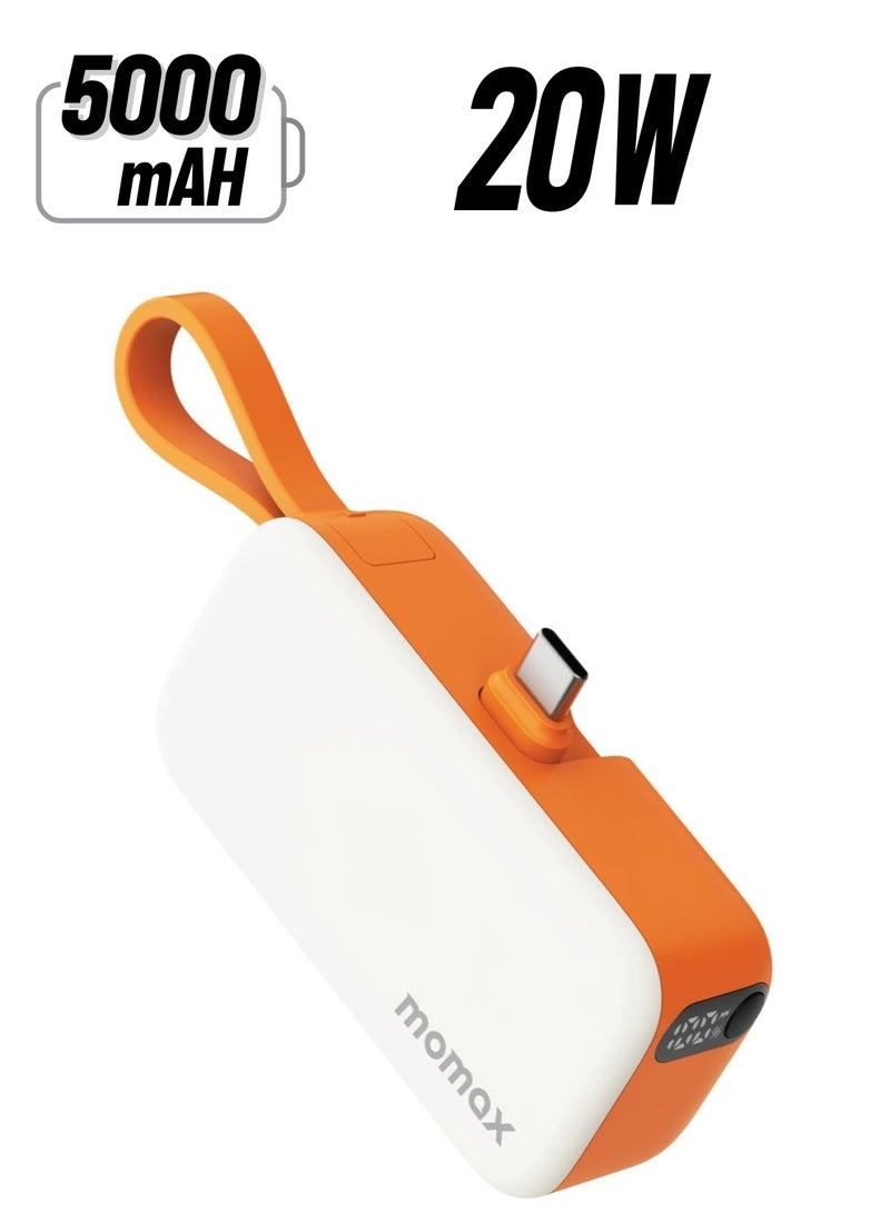 Momax بطارية احتياطية صغيرة من موماكس بقوة 5000 مللي أمبير في الساعة [20 واط] مع كابل USB-C PD مدمج - برتقالي - Image 1