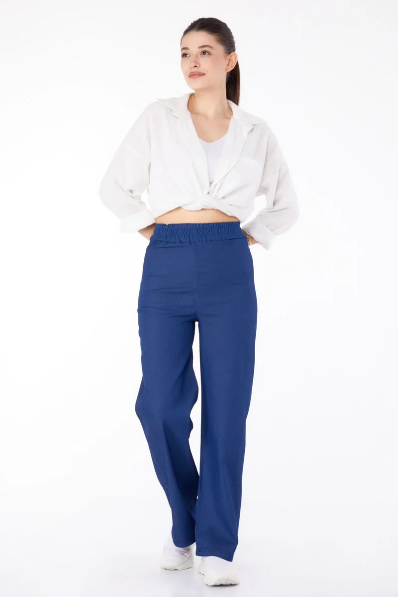 Tofisa Plain Mid Women Blue Elastic Waist Denim Trousers - 25637