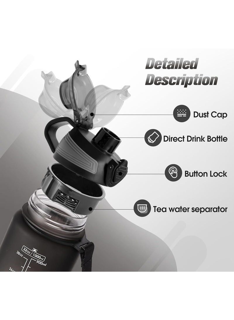 توشيونيكس زجاجة مياه رياضية تحفيزية سعة 1000 مل مع علامات زمنية وغطاء يعمل بلمسة واحدة ومنقوع فواكه وثلج وخيط حمل - مصنوعة من مادة تريتان خالية من مادة BPA وغطاء مانع للتسرب وصديقة للبيئة، مصنوعة من البلاستيك وقابلة لإعادة الاستخدام، وتذكر شرب الماء للمدرسة والمكتب والترطيب اليومي وصالة الألعاب الرياضية واللياقة البدنية والأنشطة الخارجية والرياضة والسفر، سعة 32 أونصة - Image 2