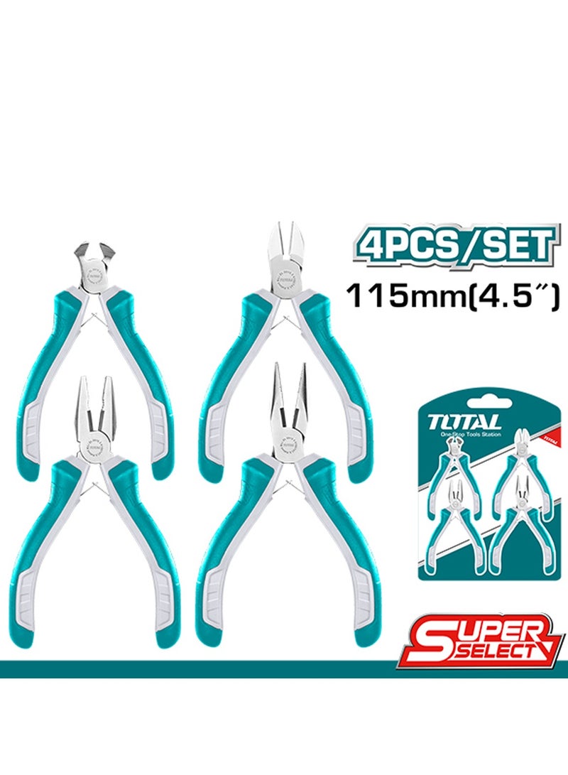 TOTAL T0TAL 4 Pcs Mini Pliers Set 115mm/4.5", Set Of Cutting Diagonal Long Combination Pliers - TOTAL THT1K0404  - Image 1