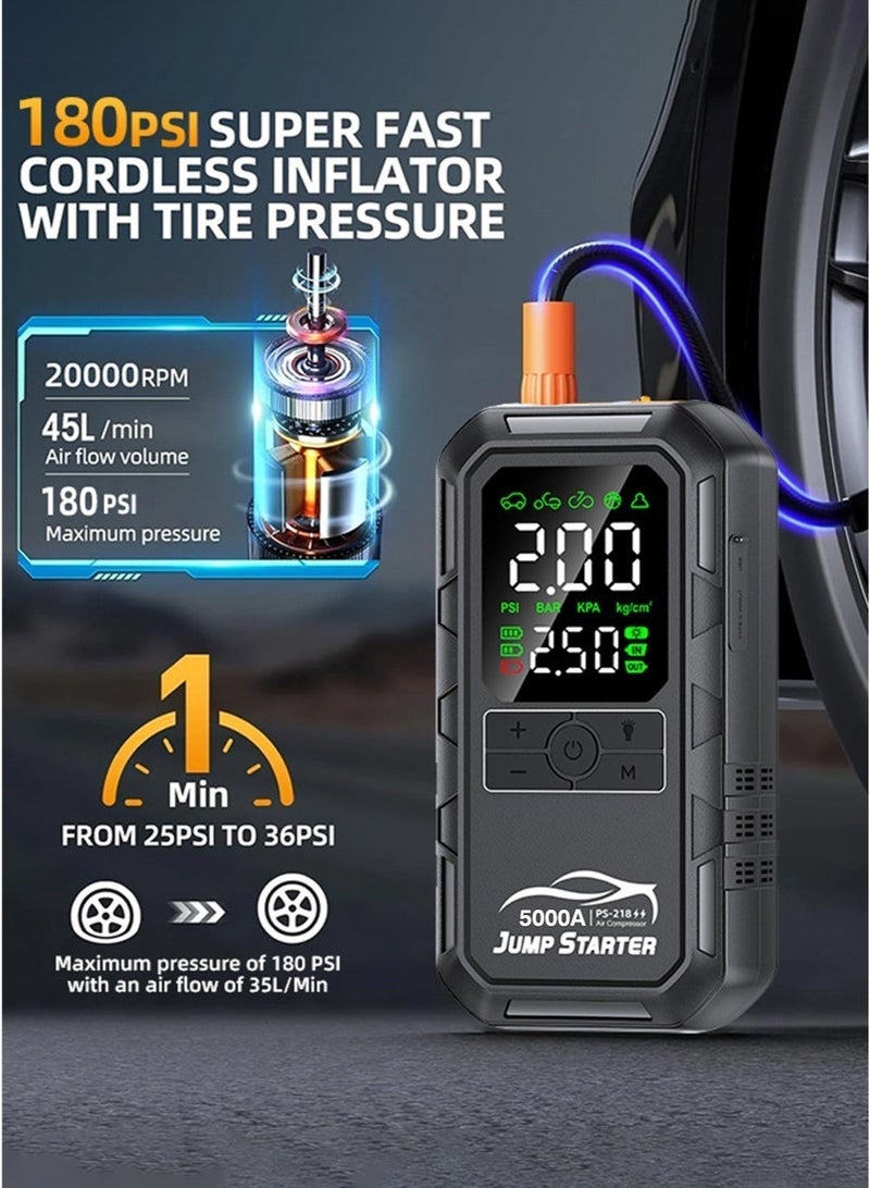 Digisand 4-IN-1 Car Jump Starter with 180PSI Air Compressor Portable Cordless Car Battery Emergency Starter, Peak 5000A Auto Battery Booster 180PSI Air Pump Portable Power Bank Tire Inflato Tire Air Pump, Air Compressor To Easily Inflate Tires, LED Display, With Flashlight, Mobile Power Supply, Large Capacity Storage and Get a Free Car Interior Light for Gift. - Image 3