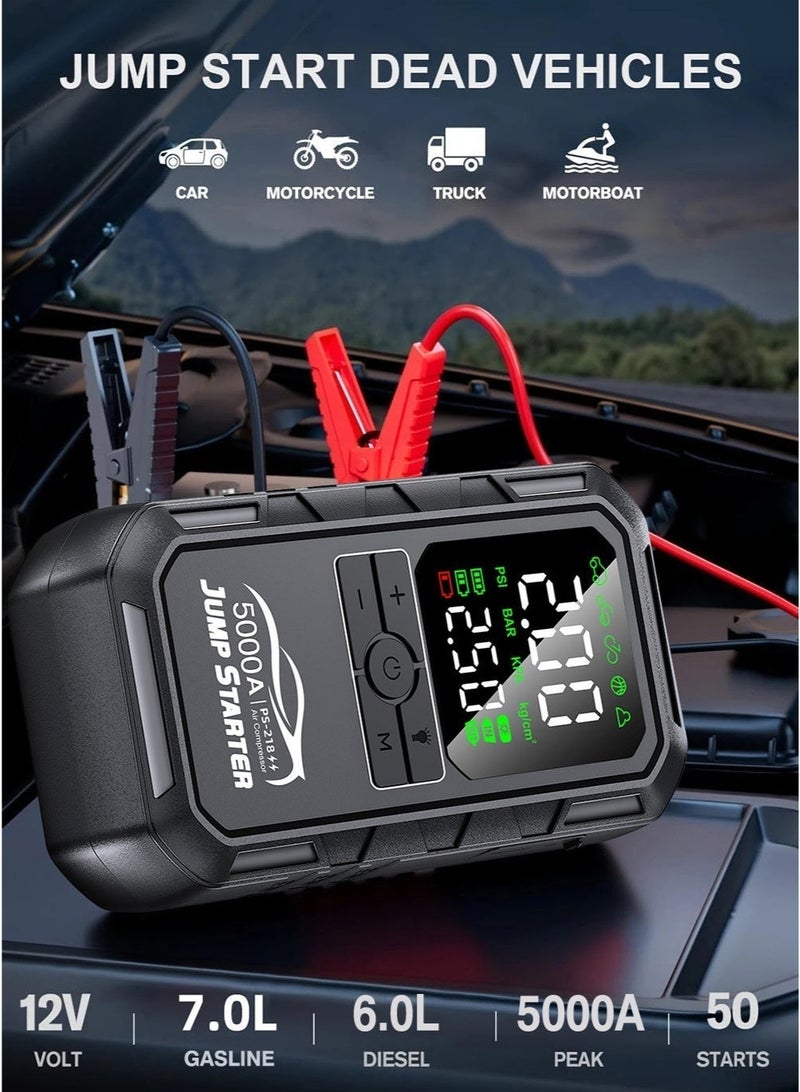 Digisand 4-IN-1 Car Jump Starter with 180PSI Air Compressor Portable Cordless Car Battery Emergency Starter, Peak 5000A Auto Battery Booster 180PSI Air Pump Portable Power Bank Tire Inflato Tire Air Pump, Air Compressor To Easily Inflate Tires, LED Display, With Flashlight, Mobile Power Supply, Large Capacity Storage and Get a Free Car Interior Light for Gift. - Image 2
