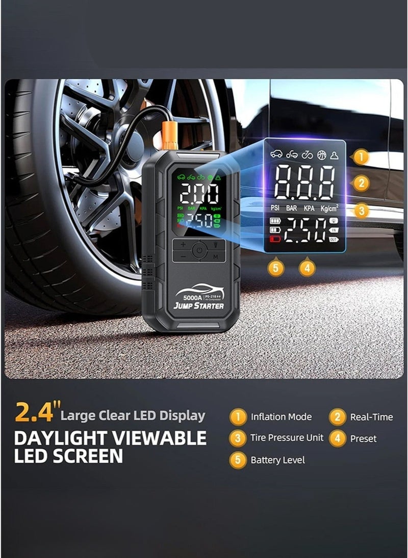 Digisand 4-IN-1 Car Jump Starter with 180PSI Air Compressor Portable Cordless Car Battery Emergency Starter, Peak 5000A Auto Battery Booster 180PSI Air Pump Portable Power Bank Tire Inflato Tire Air Pump, Air Compressor To Easily Inflate Tires, LED Display, With Flashlight, Mobile Power Supply, Large Capacity Storage and Get a Free Car Interior Light for Gift. - Image 5