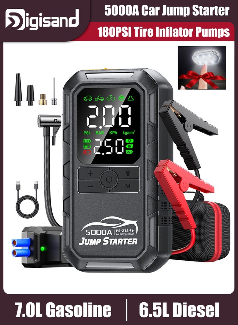 Digisand 4-IN-1 Car Jump Starter with 180PSI Air Compressor Portable Cordless Car Battery Emergency Starter, Peak 5000A Auto Battery Booster 180PSI Air Pump Portable Power Bank Tire Inflato Tire Air Pump, Air Compressor To Easily Inflate Tires, LED Display, With Flashlight, Mobile Power Supply, Large Capacity Storage and Get a Free Car Interior Light for Gift. - Image 1