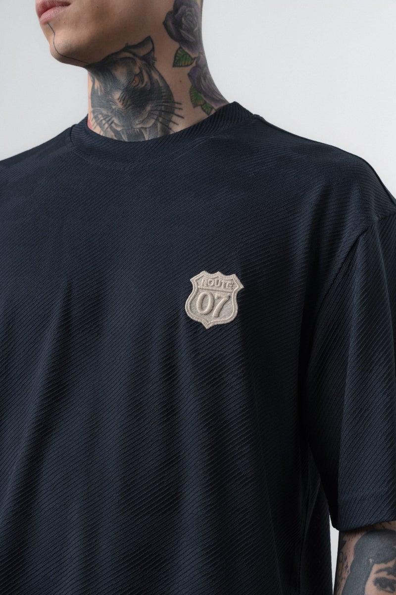 RESPIRE Men's Route 07 Emblem Detail Regular Fit T-Shirt and Shorts Set, Navy Blue - Image 5