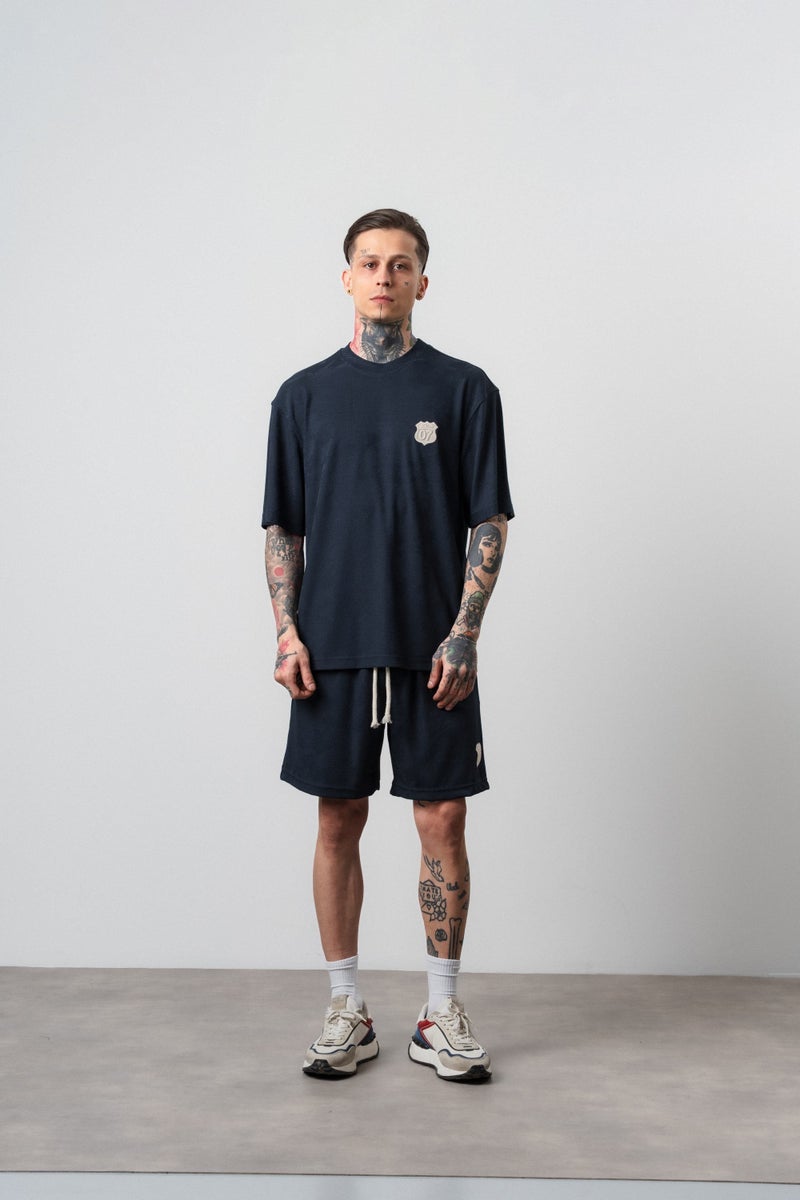 RESPIRE Men's Route 07 Emblem Detail Regular Fit T-Shirt and Shorts Set, Navy Blue - Image 1