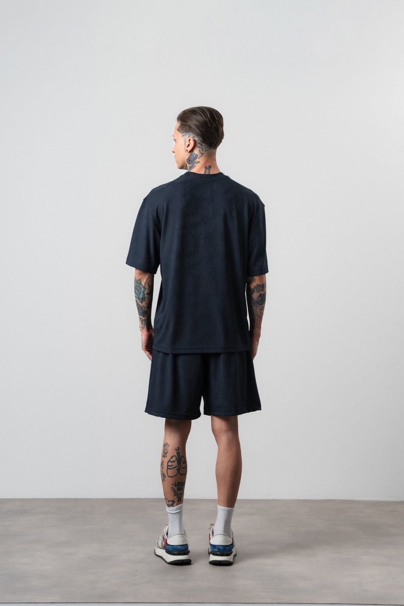 RESPIRE Men's Route 07 Emblem Detail Regular Fit T-Shirt and Shorts Set, Navy Blue - Image 3