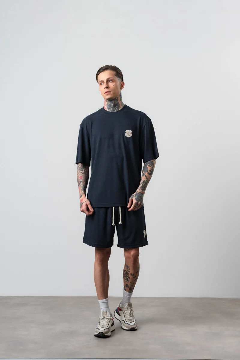 RESPIRE Men's Route 07 Emblem Detail Regular Fit T-Shirt and Shorts Set, Navy Blue