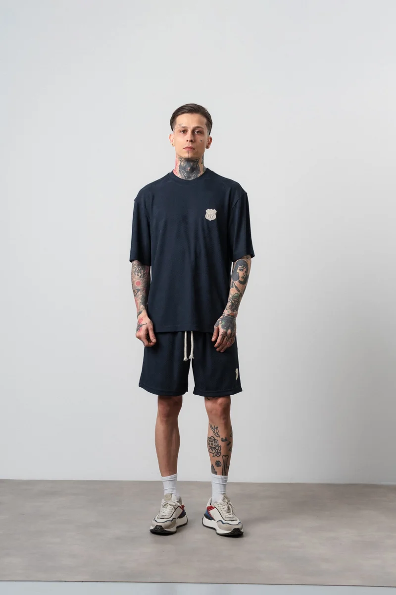 RESPIRE Men's Route 07 Emblem Detail Regular Fit T-Shirt and Shorts Set, Navy Blue