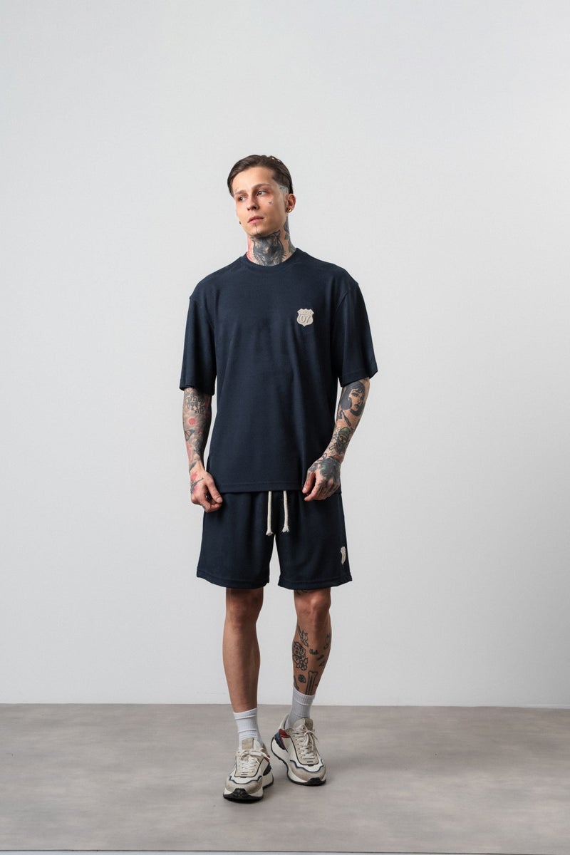 RESPIRE Men's Route 07 Emblem Detail Regular Fit T-Shirt and Shorts Set, Navy Blue - Image 3