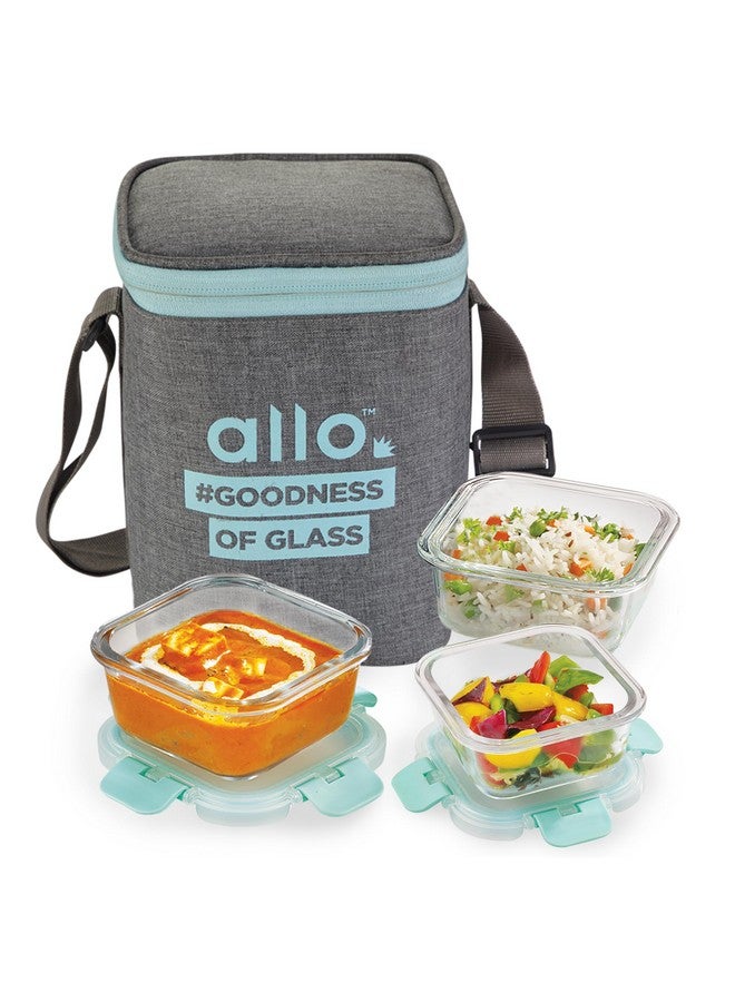 Allo Allo Food Safe Glass Lunch Box with Breakfree Detachable Lock, 450°C Microwave Safe Lunch Box Borosilicate Glass Tiffin for Office with Canvas Grey Tiffin Bag, Set of 3, 160ml x 1, 310ml x 2  - Image 1