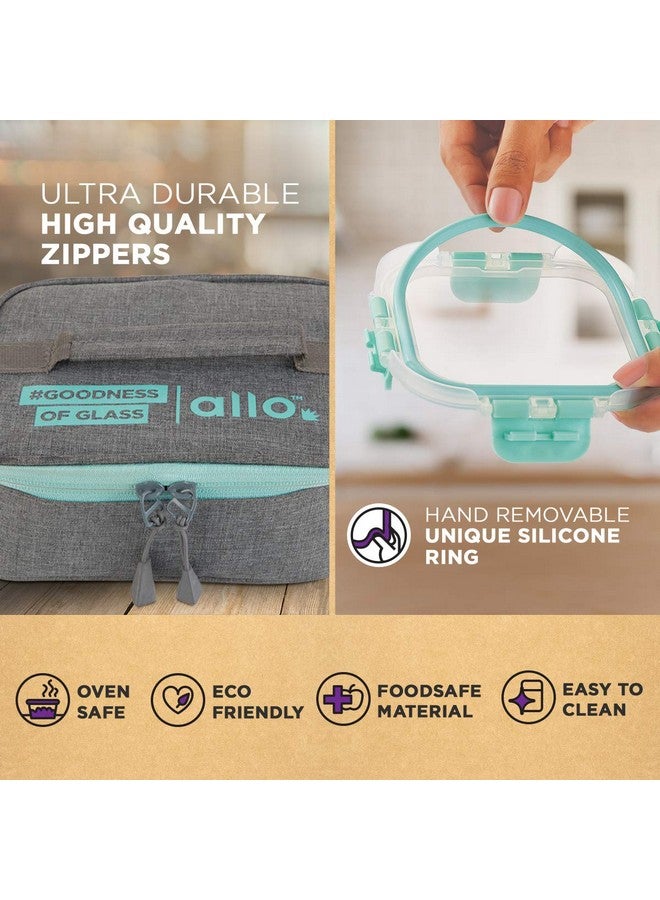 Allo Allo Food Safe Glass Lunch Box with Breakfree Detachable Lock, 450°C Microwave Safe Lunch Box Borosilicate Glass Tiffin for Office with Canvas Grey Tiffin Bag, Set of 3, 160ml x 1, 310ml x 2  - Image 3