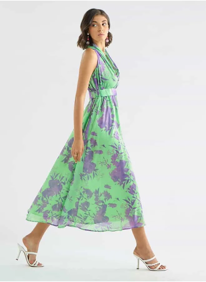 FAV All-Over Floral Print Sleeveless Dress with Lapel Collar