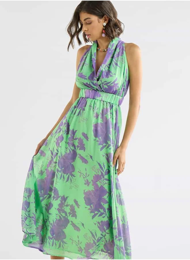 FAV All-Over Floral Print Sleeveless Dress with Lapel Collar