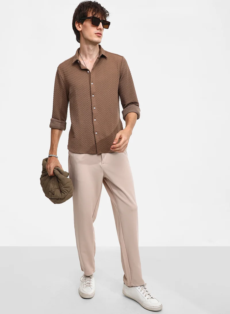 Campus Sutra Men's Chocolate Brown Cubic-Textured Shirt