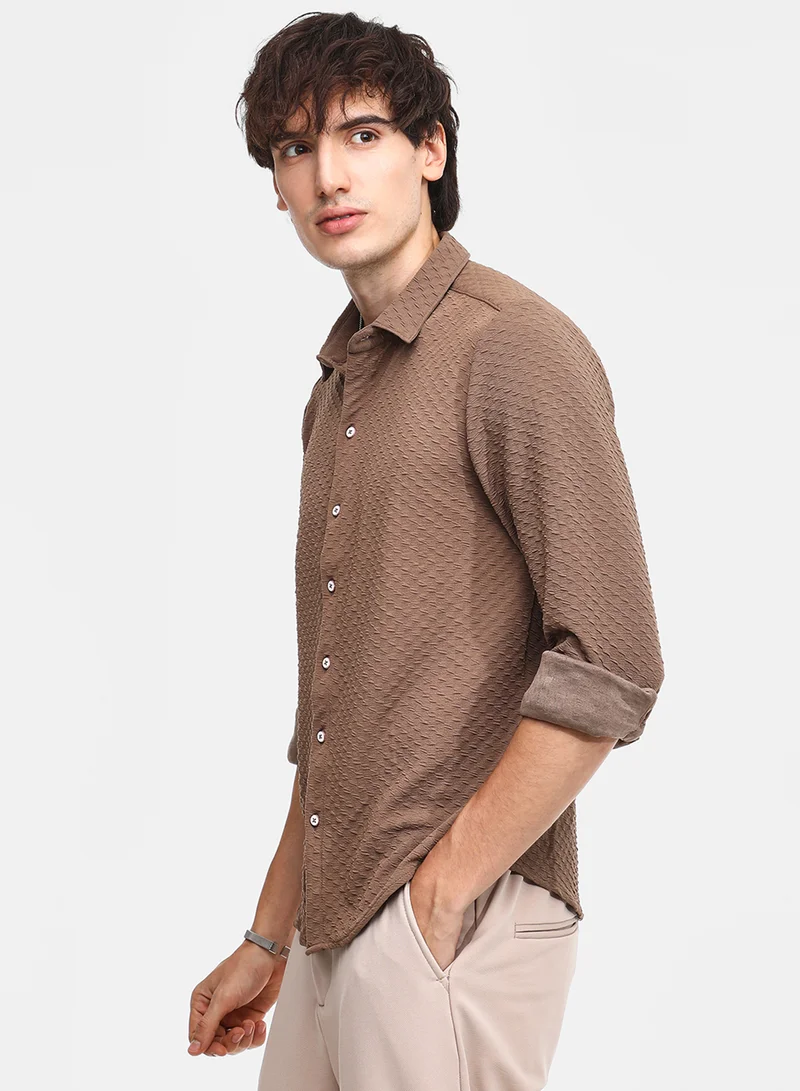 Campus Sutra Men's Chocolate Brown Cubic-Textured Shirt