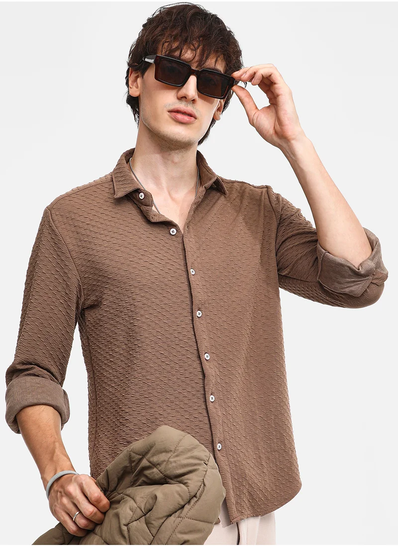 Campus Sutra Men's Chocolate Brown Cubic-Textured Shirt