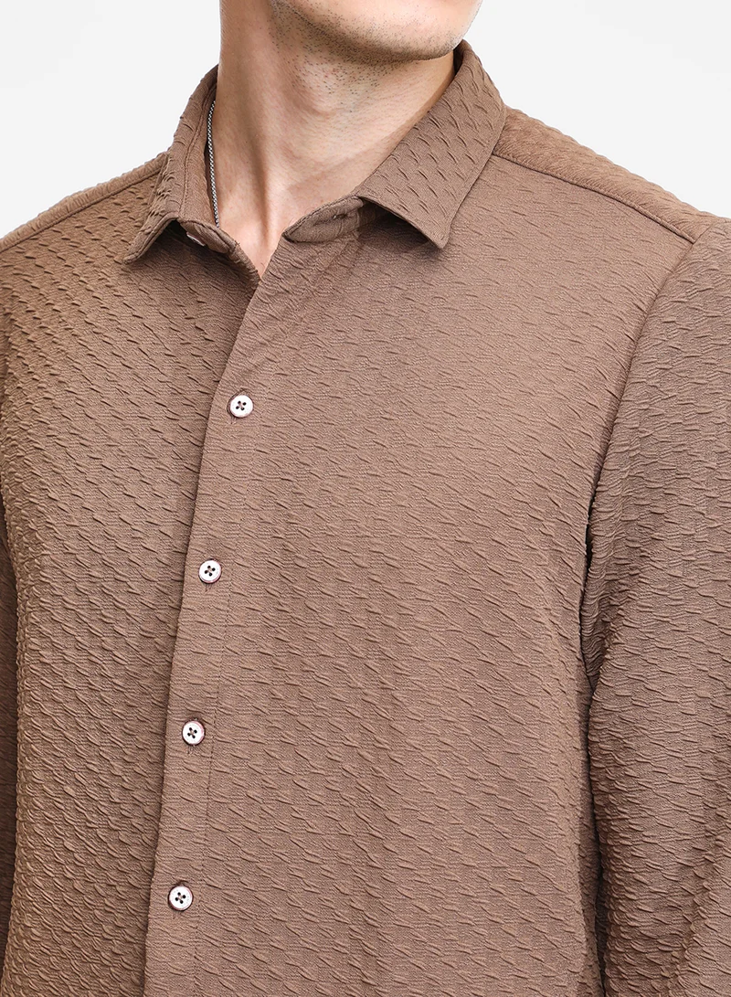Campus Sutra Men's Chocolate Brown Cubic-Textured Shirt