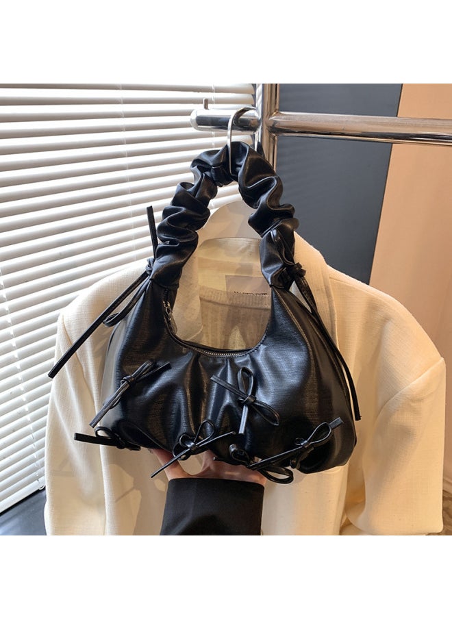 Generic - Niche Pleated Bow Women's Hand Bag 2025 Spring Korean Underarm Bag Single Shoulder Cloud Bag-Color:Black - Image 1