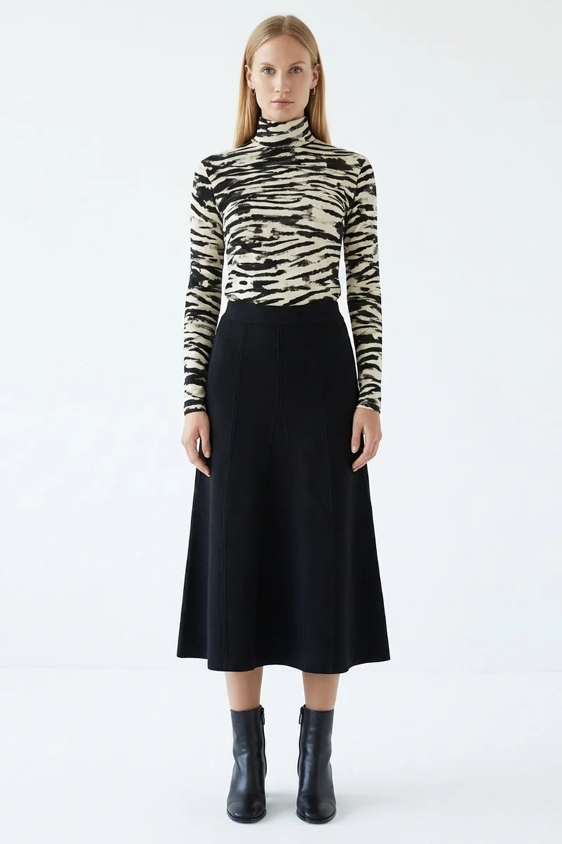 EXQUISE High Waist Midi Knitted Regular Skirt