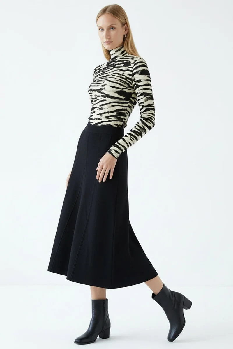 EXQUISE High Waist Midi Knitted Regular Skirt