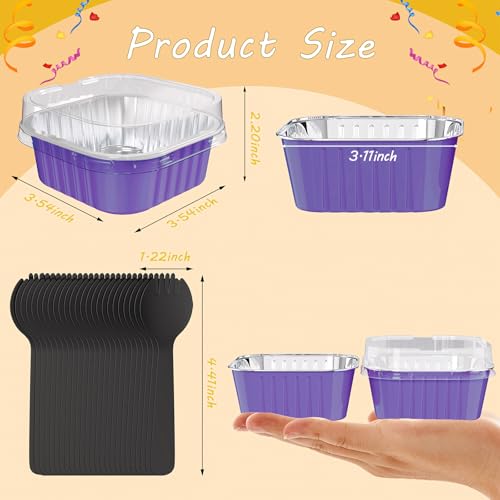 Ksmxos 25 Pack Square Mini Cake Pans with Lids,Mini Loaf Pans with Lids,Aluminum Foil Baking Cups,Disposable Ramekins Cupcake Cups,Dessert Cups for Wedding Birthday Party Picnics,5oz (Purple) - Image 2