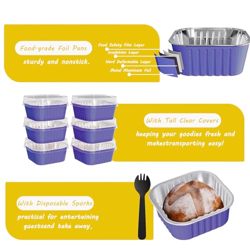 Ksmxos 25 Pack Square Mini Cake Pans with Lids,Mini Loaf Pans with Lids,Aluminum Foil Baking Cups,Disposable Ramekins Cupcake Cups,Dessert Cups for Wedding Birthday Party Picnics,5oz (Purple) - Image 4