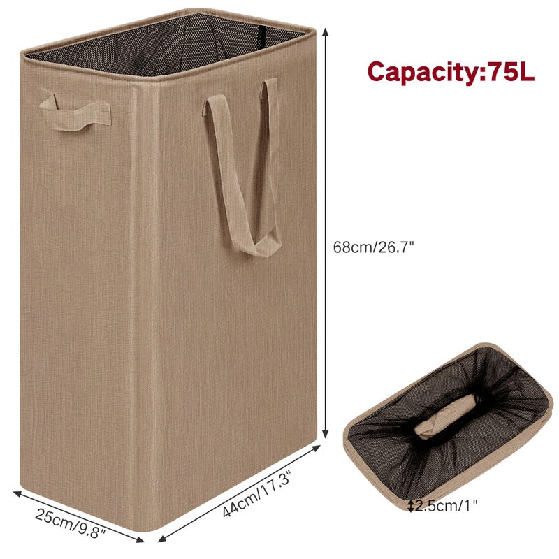 efluky Slim Laundry Basket, Narrow Laundry Hamper with Handles, Collapsible Dirty Clothes Hamper, Tall Laundry Bin for Laundry Room, Dorm and Bedroom, 19.8 Gallon (75L) Flax Brown - Image 2