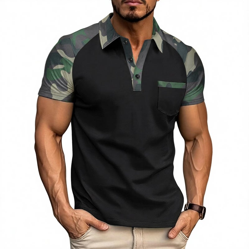 Men's Camo Print Polo Shirt Short Sleeve Button Placket Pocket Casual Top