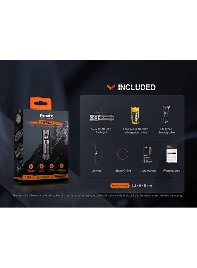 fenix E18R v2.0 Rechargeable Mini EDC Torch 1200 Lumens 146m 200 Hrs Max Magnetic Tail Cap Bi Directional Body Clip 1 Lumen Moonlight Mode USB C Charging Port IP68 - Image 5