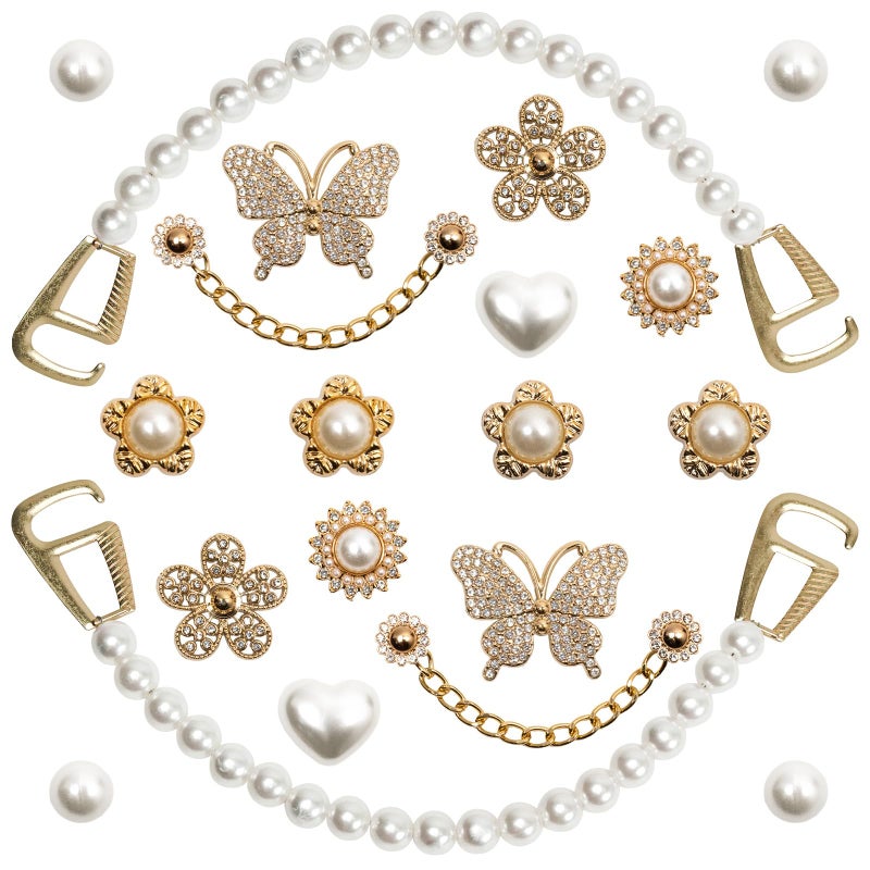 COAUXOG 20Pcs Gold Bling Shoe Charms Women Luxury Rhinestone Pearl Bling Shoe Decoration Gold Rhinestone Butterfly Flower Pearl Chain Clogs Shoes Fashion Charms Birthday Gift - Image 1