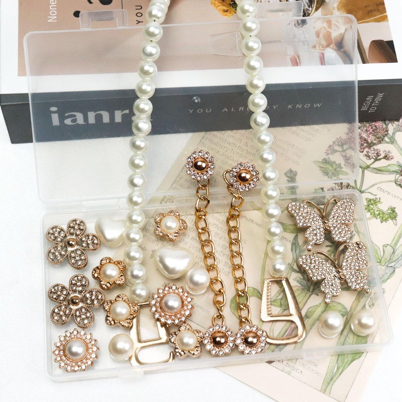 COAUXOG 20Pcs Gold Bling Shoe Charms Women Luxury Rhinestone Pearl Bling Shoe Decoration Gold Rhinestone Butterfly Flower Pearl Chain Clogs Shoes Fashion Charms Birthday Gift - Image 5