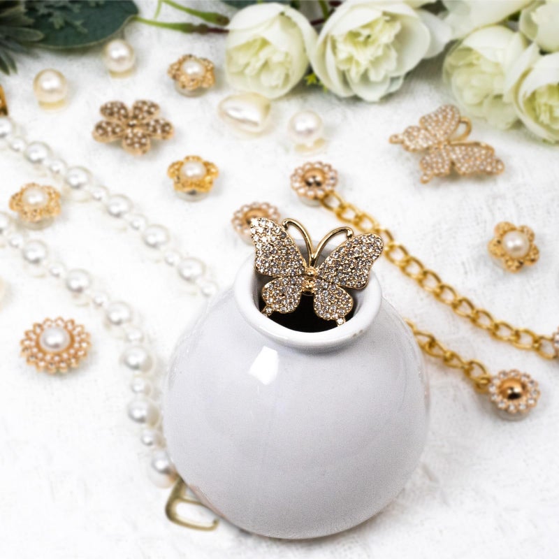 COAUXOG 20Pcs Gold Bling Shoe Charms Women Luxury Rhinestone Pearl Bling Shoe Decoration Gold Rhinestone Butterfly Flower Pearl Chain Clogs Shoes Fashion Charms Birthday Gift - Image 4