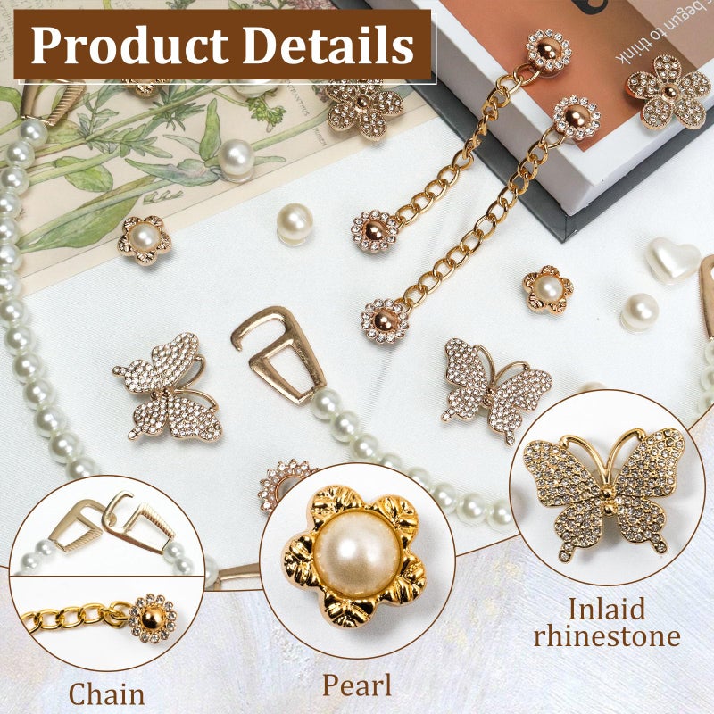COAUXOG 20Pcs Gold Bling Shoe Charms Women Luxury Rhinestone Pearl Bling Shoe Decoration Gold Rhinestone Butterfly Flower Pearl Chain Clogs Shoes Fashion Charms Birthday Gift - Image 3