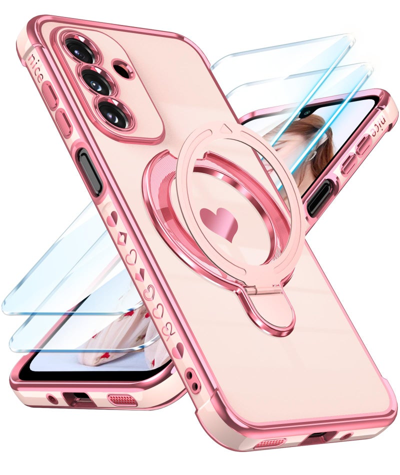 Liufcx for Samsung Galaxy A16 5G Phone Case with Screen ProtectorCute Love Heart PatternRing Metal KickstandPlated Gold Edge Soft TPU Full Camera Protection Cover for Galaxy A16 5G Pink - Image 3