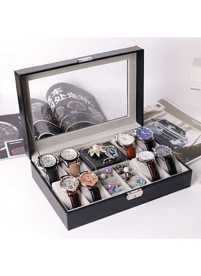 Watch Organizer Box with Glass Lid, 8 Slots PU Leather Case Organizer with Jewelry Drawer for Storage and Display
