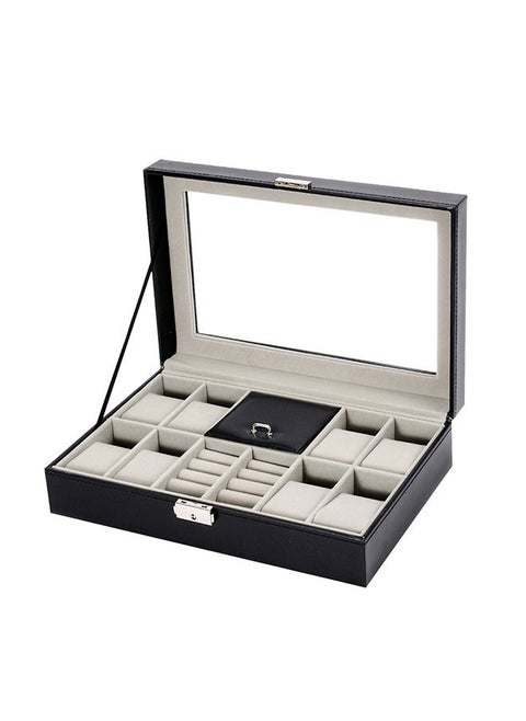 Watch Organizer Box with Glass Lid, 8 Slots PU Leather Case Organizer with Jewelry Drawer for Storage and Display
