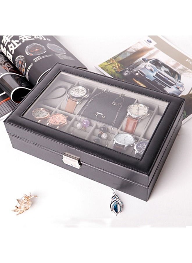 Watch Organizer Box with Glass Lid, 8 Slots PU Leather Case Organizer with Jewelry Drawer for Storage and Display