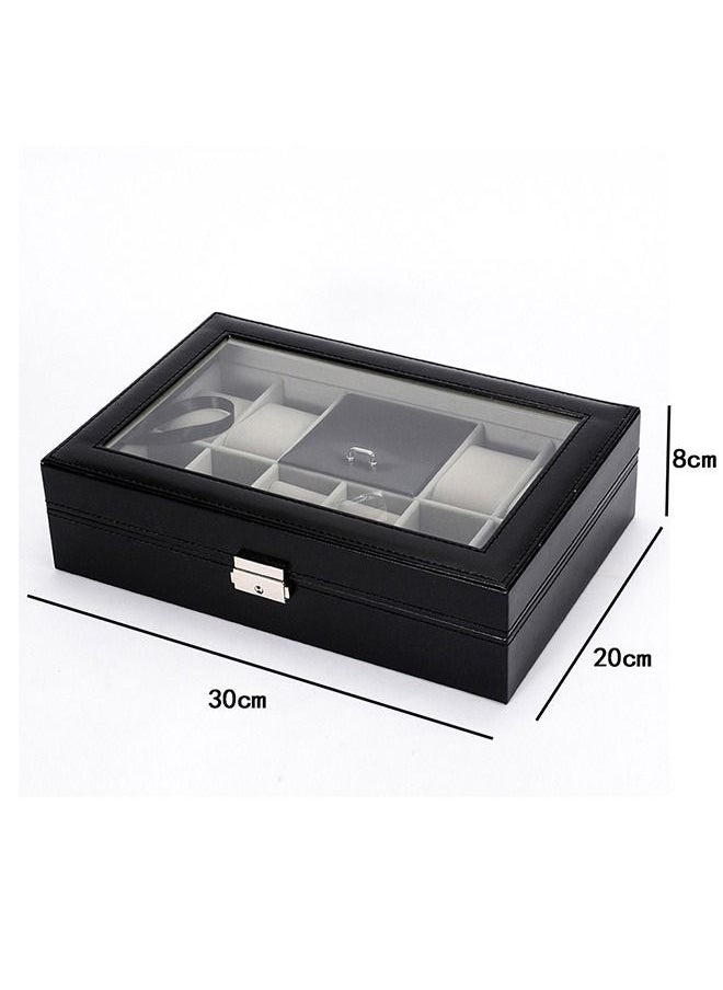 Watch Organizer Box with Glass Lid, 8 Slots PU Leather Case Organizer with Jewelry Drawer for Storage and Display