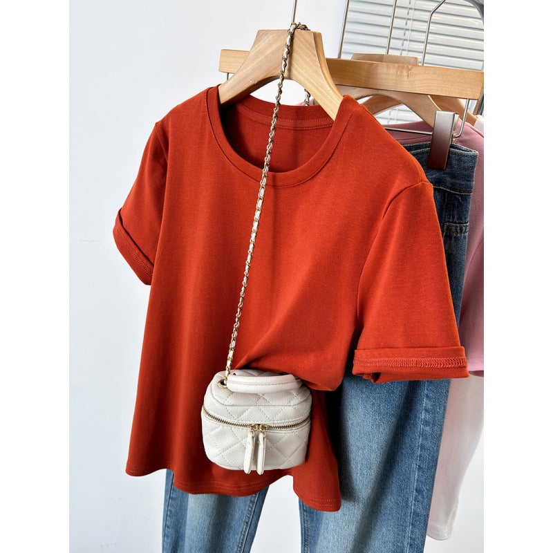 4 F093 2024 Chubby Girl Plus Size Joker Chic Design Hemming Sleeve Shoulder Short Sleeve T-Shirt - Image 1