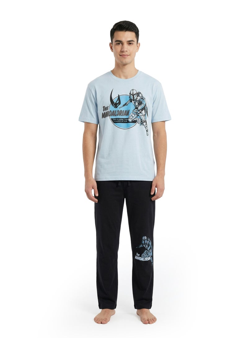 Disney Men’s The Mandalorian Graphic Cotton Pyjama Set – Light Blue & Black - Image 1