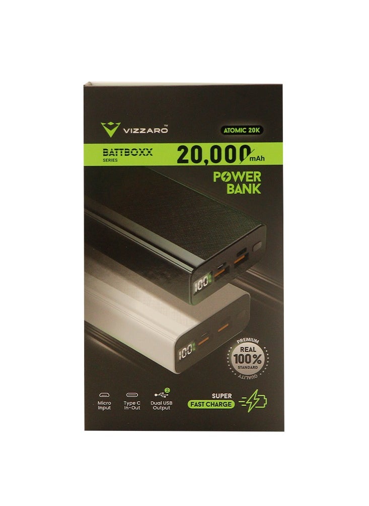 20000 mAh 22.5W Fast Charging Power Bank With LED Display 15W Charging 1 Type C IN & Output 1 Micro Input and Dual USB Output-Black