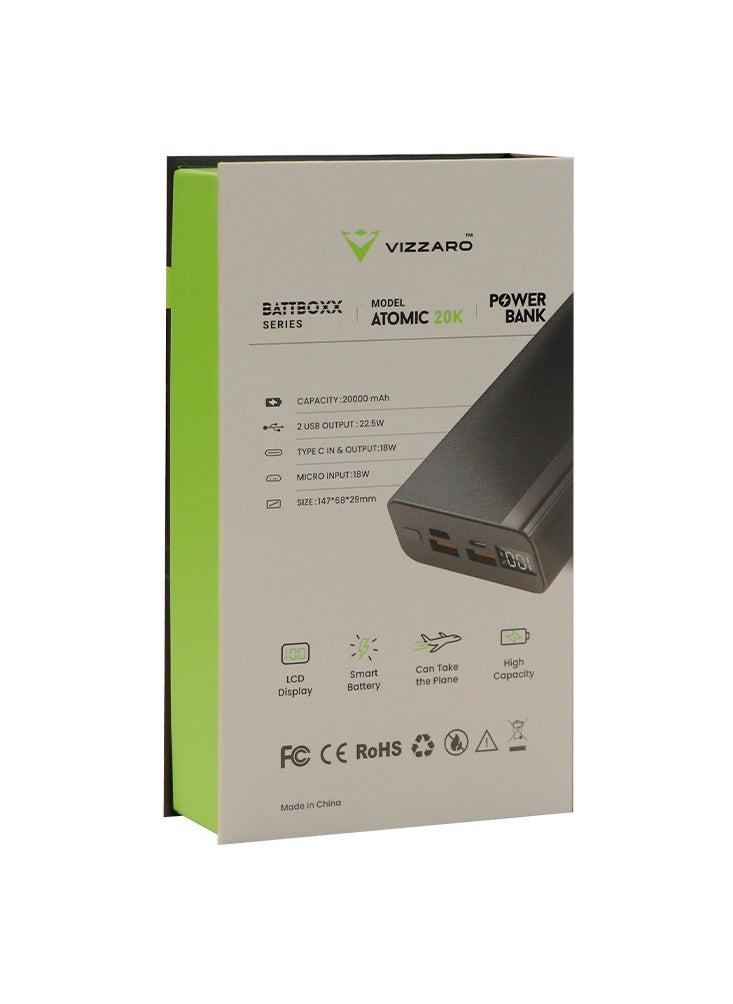 20000 mAh 22.5W Fast Charging Power Bank With LED Display 15W Charging 1 Type C IN & Output 1 Micro Input and Dual USB Output-Black