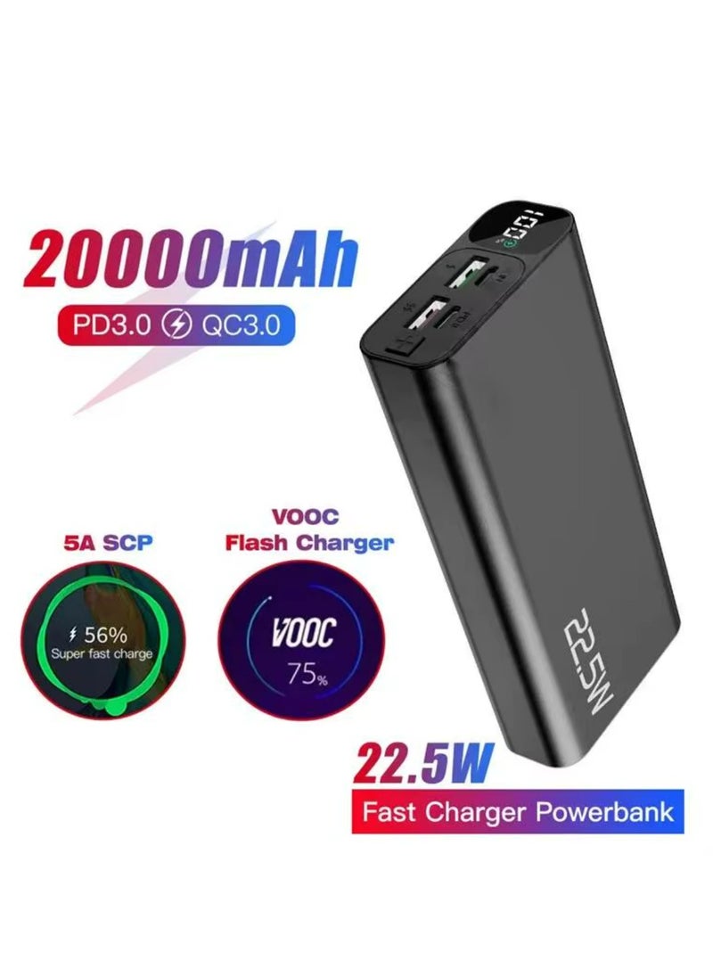 20000 mAh 22.5W Fast Charging Power Bank With LED Display 15W Charging 1 Type C IN & Output 1 Micro Input and Dual USB Output-Black