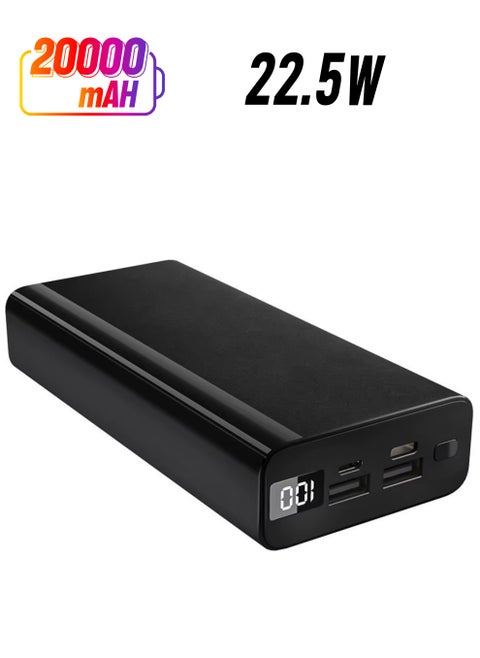 20000 mAh 22.5W Fast Charging Power Bank With LED Display 15W Charging 1 Type C IN & Output 1 Micro Input and Dual USB Output-Black
