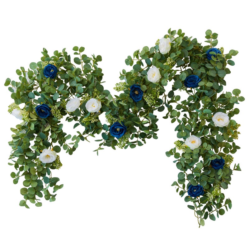 PARTY JOY 656ft Eucalyptus Garland with Flowers8 Blue White Roses Artificial Fake Flowers Greenery Garland Floral Vines for Decoration Party Wedding Table Indoor Outdoor Backdrop Wall Decor