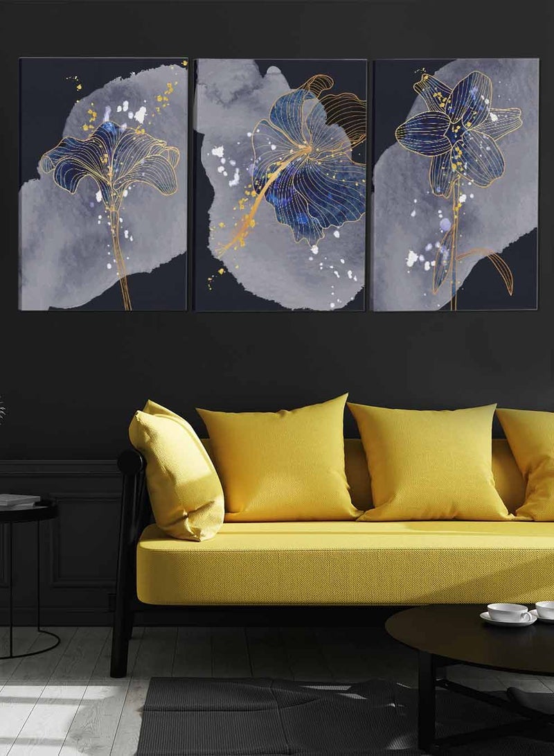 لوحة طقم من ٣ لوحات كانفاس على إطار خشبي تصميم زهور فاخرة للمنزل غرفة المعيشة المكتب الديكور - Image 3