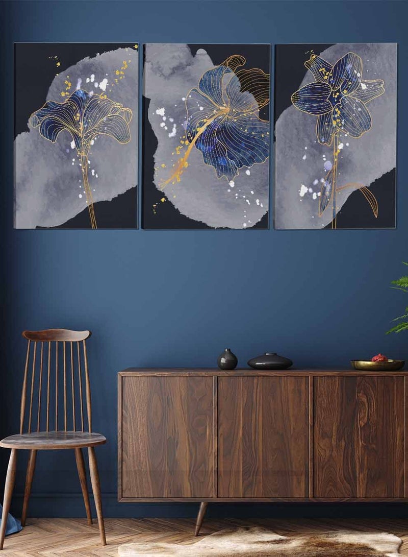 لوحة طقم من ٣ لوحات كانفاس على إطار خشبي تصميم زهور فاخرة للمنزل غرفة المعيشة المكتب الديكور - Image 2