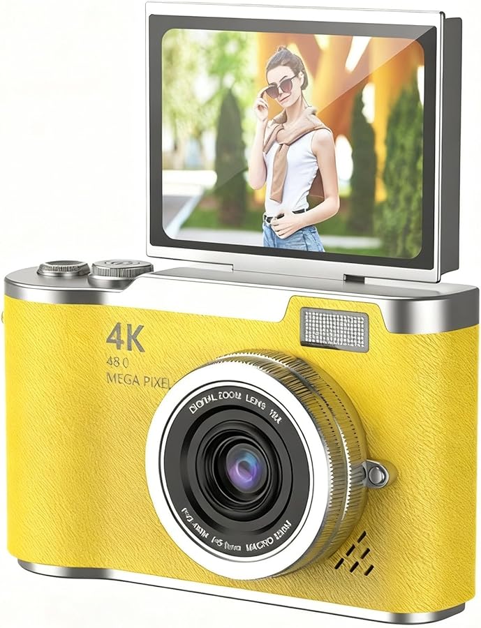 4K CCD Digital Camera 48MP Compact 180 Flip Screen 8X Zoom 4K Video Yellow 32G - Image 1